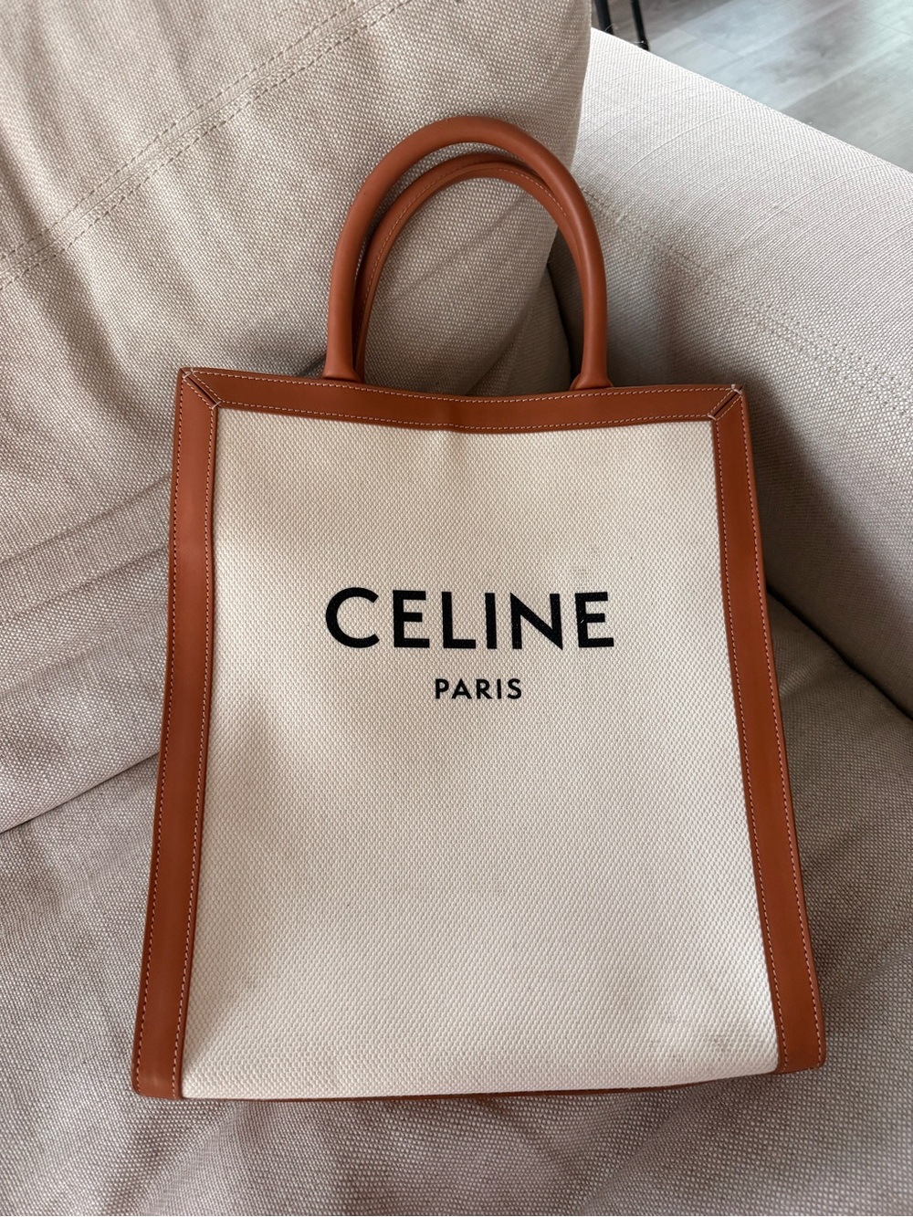 Celine Vertical Cabas Canvas Tote with Tan Leather Trim and Black Logo
